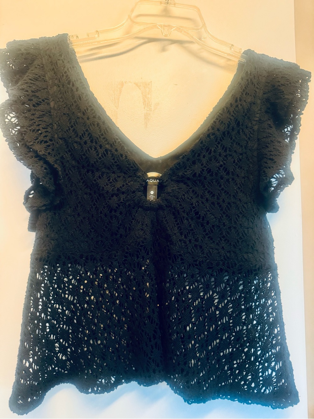 Aqua Black Crochet Flutter-Sleeve V-Neck Top
